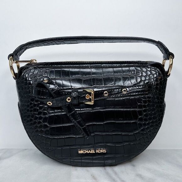 MICHAEL KORS EMILIA Half Moon Small Saddle Shoulder Crossbody Bag In BLACK - Picture 3 of 8